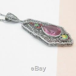 Vtg Art Deco Rhodium Plate Silver Filigree Pink Glass Enamel Pendant Necklace