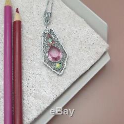 Vtg Art Deco Rhodium Plate Silver Filigree Pink Glass Enamel Pendant Necklace