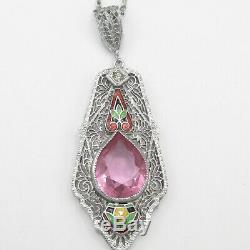 Vtg Art Deco Rhodium Plate Silver Filigree Pink Glass Enamel Pendant Necklace