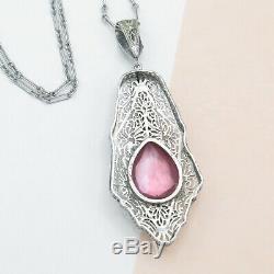 Vtg Art Deco Rhodium Plate Silver Filigree Pink Glass Enamel Pendant Necklace