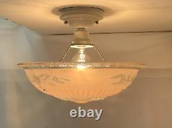 Vtg Art Deco Semi Flush Mount PINK Glass Ceiling Light Fixture Chandelier 30 40s
