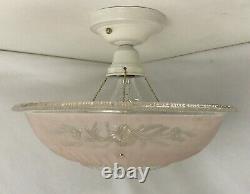 Vtg Art Deco Semi Flush Mount PINK Glass Ceiling Light Fixture Chandelier 30 40s