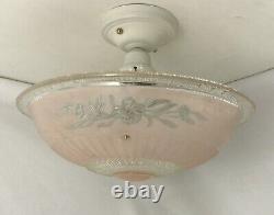 Vtg Art Deco Semi Flush Mount PINK Glass Ceiling Light Fixture Chandelier 30 40s