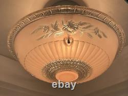Vtg Art Deco Semi Flush Mount PINK Glass Ceiling Light Fixture Chandelier 30 40s