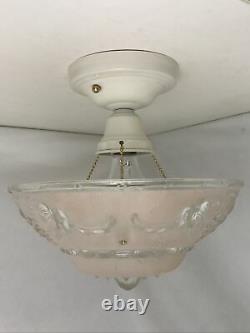 Vtg Art Deco Semi Flush Mount PINK Glass Ceiling Light Fixture Grapes 20s 30 40s