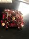 Vtg Art Glass Brooch Ruby Red & Pink Aurora Borealis Stones Gold tone setting D4