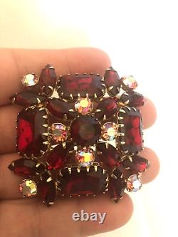 Vtg Art Glass Brooch Ruby Red & Pink Aurora Borealis Stones Gold tone setting D4