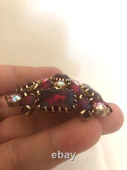 Vtg Art Glass Brooch Ruby Red & Pink Aurora Borealis Stones Gold tone setting D4