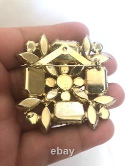 Vtg Art Glass Brooch Ruby Red & Pink Aurora Borealis Stones Gold tone setting D4
