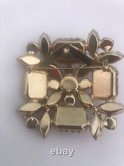 Vtg Art Glass Brooch Ruby Red & Pink Aurora Borealis Stones Gold tone setting D4