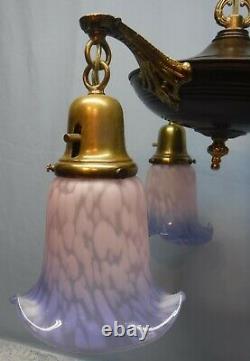Vtg Arts And Crafts Brass & Brown Pan 3 Light Fixture Pink Blue Glass Shades