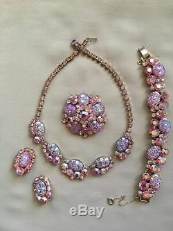 Vtg D&E JULIANA Pink Art Glass Parure Necklace Bracelet Brooch Earrings Book