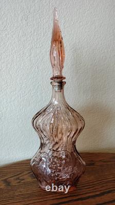 Vtg Empoli Pink Salmon Hourglass Genie Bottle Art Glass Decanter With Stopper