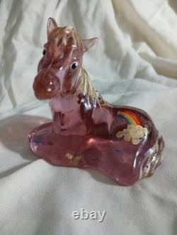 Vtg Fenton Art Glass Madras Pink Foal Figurine Gold Mane Rainbow & Cloud Signed