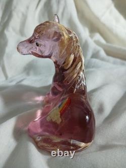 Vtg Fenton Art Glass Madras Pink Foal Figurine Gold Mane Rainbow & Cloud Signed
