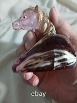 Vtg Fenton Art Glass Madras Pink Foal Figurine Gold Mane Rainbow & Cloud Signed