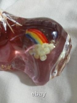 Vtg Fenton Art Glass Madras Pink Foal Figurine Gold Mane Rainbow & Cloud Signed