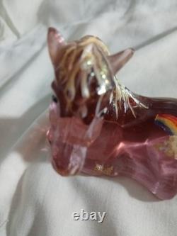 Vtg Fenton Art Glass Madras Pink Foal Figurine Gold Mane Rainbow & Cloud Signed