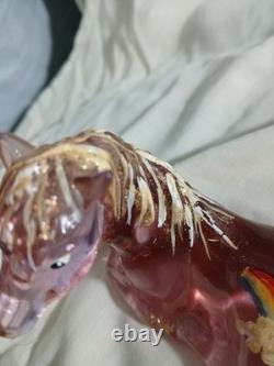 Vtg Fenton Art Glass Madras Pink Foal Figurine Gold Mane Rainbow & Cloud Signed
