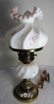 Vtg Fenton Pink & White Satin Glass Lamp Hand Painted Flowers Signed L Everson