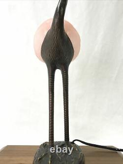 Vtg Flamingo Table Lamp Pink Art Glass Bird Brass Bronze Tone 18 Night Light