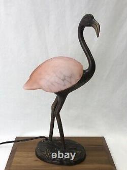 Vtg Flamingo Table Lamp Pink Art Glass Bird Brass Bronze Tone 18 Night Light