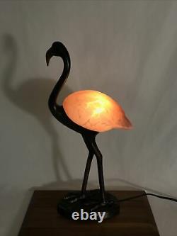 Vtg Flamingo Table Lamp Pink Art Glass Bird Brass Bronze Tone 18 Night Light