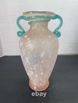 Vtg Hand-Blown Murano Glass Scavo Pink Art Glass Vase with Aqua Marine Handles