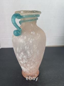 Vtg Hand-Blown Murano Glass Scavo Pink Art Glass Vase with Aqua Marine Handles