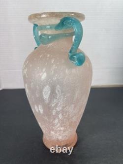 Vtg Hand-Blown Murano Glass Scavo Pink Art Glass Vase with Aqua Marine Handles