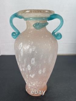 Vtg Hand-Blown Murano Glass Scavo Pink Art Glass Vase with Aqua Marine Handles