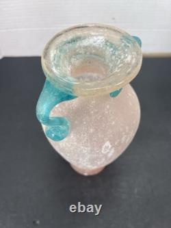 Vtg Hand-Blown Murano Glass Scavo Pink Art Glass Vase with Aqua Marine Handles