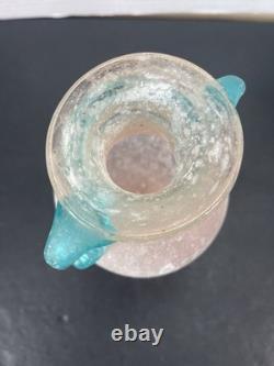 Vtg Hand-Blown Murano Glass Scavo Pink Art Glass Vase with Aqua Marine Handles