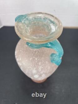 Vtg Hand-Blown Murano Glass Scavo Pink Art Glass Vase with Aqua Marine Handles