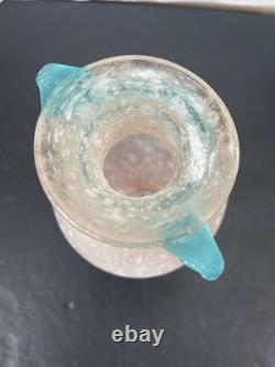Vtg Hand-Blown Murano Glass Scavo Pink Art Glass Vase with Aqua Marine Handles