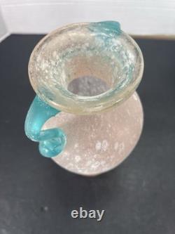 Vtg Hand-Blown Murano Glass Scavo Pink Art Glass Vase with Aqua Marine Handles