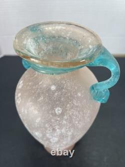 Vtg Hand-Blown Murano Glass Scavo Pink Art Glass Vase with Aqua Marine Handles