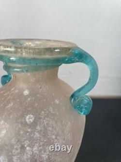 Vtg Hand-Blown Murano Glass Scavo Pink Art Glass Vase with Aqua Marine Handles