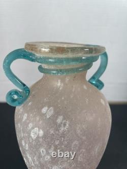 Vtg Hand-Blown Murano Glass Scavo Pink Art Glass Vase with Aqua Marine Handles