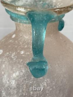 Vtg Hand-Blown Murano Glass Scavo Pink Art Glass Vase with Aqua Marine Handles
