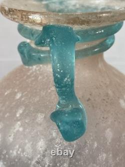 Vtg Hand-Blown Murano Glass Scavo Pink Art Glass Vase with Aqua Marine Handles
