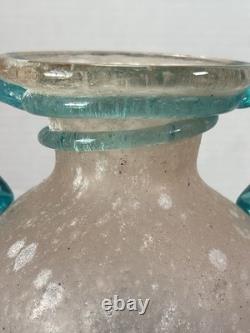 Vtg Hand-Blown Murano Glass Scavo Pink Art Glass Vase with Aqua Marine Handles