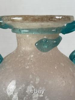 Vtg Hand-Blown Murano Glass Scavo Pink Art Glass Vase with Aqua Marine Handles
