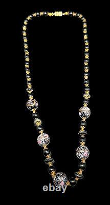 Vtg Italy Venetian Wedding Cake Black Pink Art Glass Knotted Bead Necklace