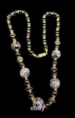 Vtg Italy Venetian Wedding Cake Black Pink Art Glass Knotted Bead Necklace