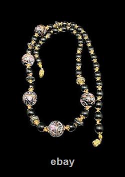 Vtg Italy Venetian Wedding Cake Black Pink Art Glass Knotted Bead Necklace