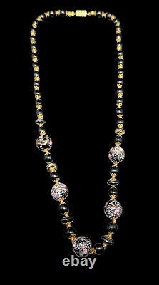 Vtg Italy Venetian Wedding Cake Black Pink Art Glass Knotted Bead Necklace