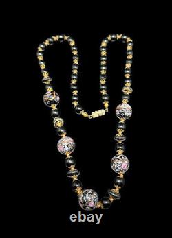 Vtg Italy Venetian Wedding Cake Black Pink Art Glass Knotted Bead Necklace