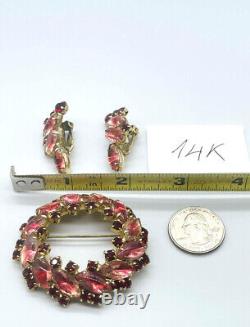 Vtg JULIANA Red Pink Art Glass Rhinestones Earrings Flower Round Brooch Pin Set