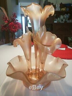 Vtg Lg Fenton 4 Horn Vase Epergne Pink Iridescent Stretch Glass 75th Anniversary